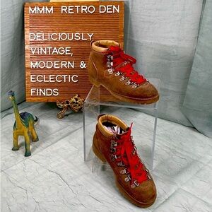 Tan Suede with Red Laces Vintage 70s Hiking Boots | Made in Maine USA | 7